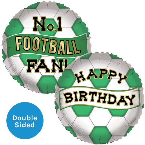 An 18 inch Birthday No.1 Football Fan Green White Foil Balloon, manufactured by Sensations. An 18 inch Birthday No.1 Football Fan Green White Foil Balloon, manufactured by Sensations.