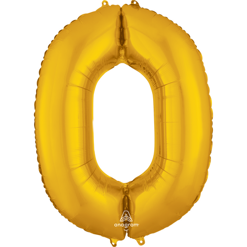 A 34 inch Anagram Gold Number 0 Foil Balloon, manufactured by Anagram. A 34 inch Anagram Gold Number 0 Foil Balloon, manufactured by Anagram.