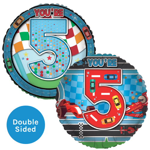 An 18 inch Road Racers Age 5 Foil Balloon, manufactured by Sensations. An 18 inch Road Racers Age 5 Foil Balloon, manufactured by Sensations.