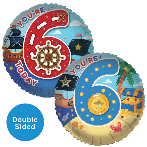 An 18 inch Pirate Party Age 6 Foil Balloon, manufactured by Sensations. An 18 inch Pirate Party Age 6 Foil Balloon, manufactured by Sensations.