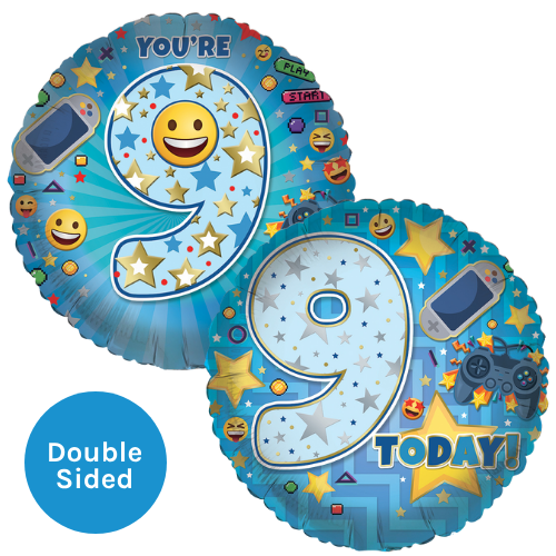 An 18 inch Gaming Surprise Age 9 Foil Balloon, manufactured by Sensations. An 18 inch Gaming Surprise Age 9 Foil Balloon, manufactured by Sensations.