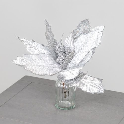 28cm Silver Oil Effect Poinsettia Flower Pick (1) 28cm Silver Oil Effect Poinsettia Flower Pick (1)
