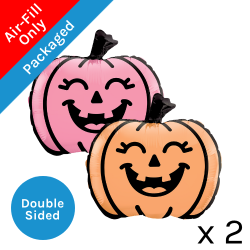 A pack of 2 9 inch Smiling Duo Jack O' Lantern Foil Balloons, manufactured by Prima.