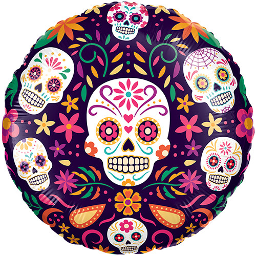 A 18 inch Vibrant Sugar Skulls Foil Balloon, manufactured by Prima! A 18 inch Vibrant Sugar Skulls Foil Balloon, manufactured by Prima!