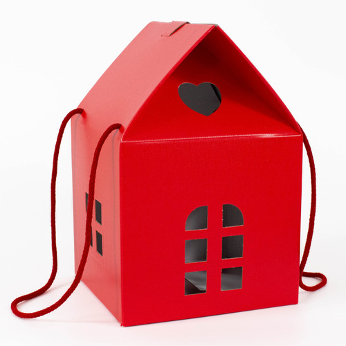 A red linen house shaped box with handles A red linen house shaped box with handles