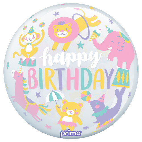 A 20 inch happy birthday printed circus themed sphere balloon, manufactured by Prima. A 20 inch happy birthday printed circus themed sphere balloon, manufactured by Prima.