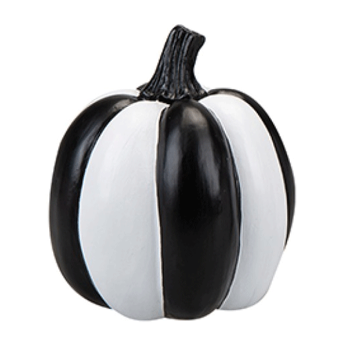 A round Black & White Stripe Pumpkin Decoration, with a black stalk!