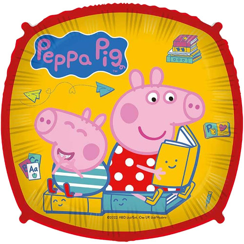 A  Peppa Pig reading character foil balloon, manufactured by Procos.