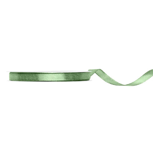 A 6mm by 25m sage green satin ribbon. A 6mm by 25m sage green satin ribbon.