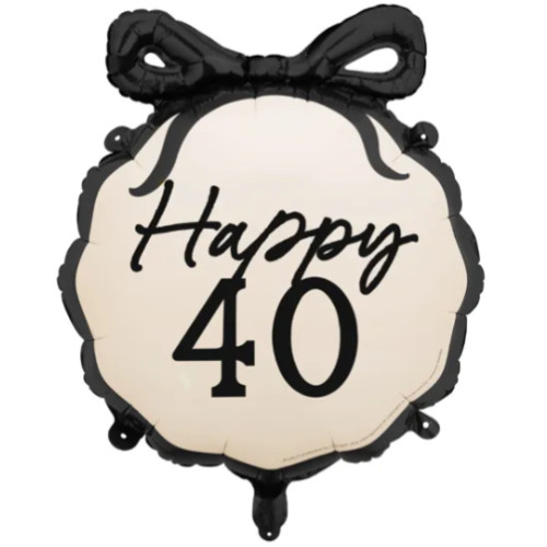 A 19 inch Happy 40 Black Bow Foil Balloon.
