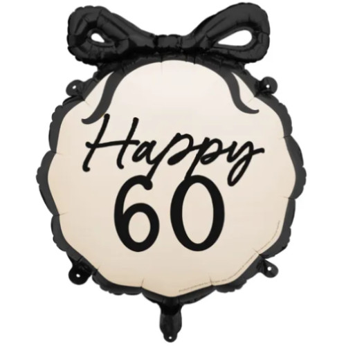 A 19 inch Happy 60 Black Bow Foil Balloon.