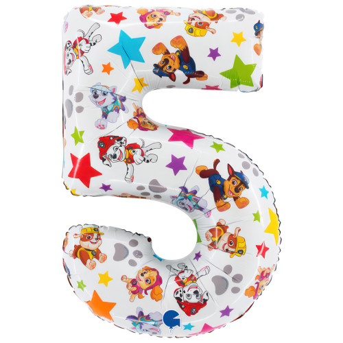 A 26 inch number 5 balloon with a Paw Patrol print A 26 inch number 5 balloon with a Paw Patrol print