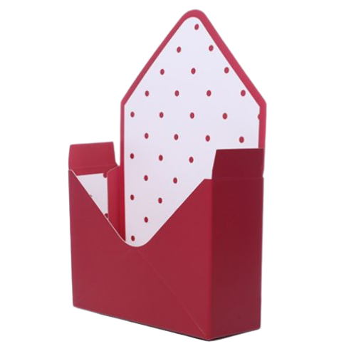 A red and white polka dot pattern envelope shaped flower box A red and white polka dot pattern envelope shaped flower box