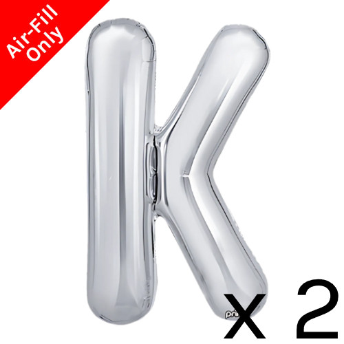 A pack of 2, 16 inch Prima Silver Letter K foil balloons.