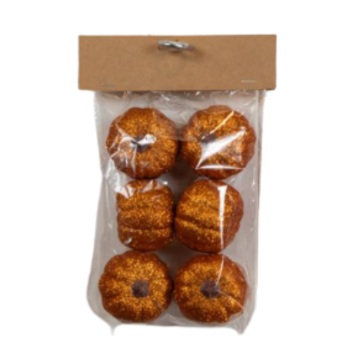 A pack of 6 glittered orange pumpkins A pack of 6 glittered orange pumpkins