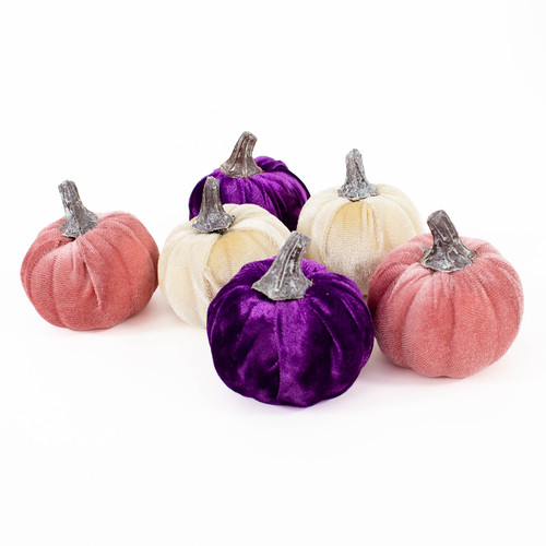 A medium purple, pink & cream velvet pumpkin bag. A medium purple, pink & cream velvet pumpkin bag.
