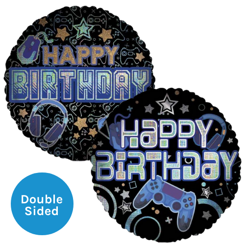 An 18 inch Happy Birthday Gaming Style Foil Balloon, manufactured by Sensations.