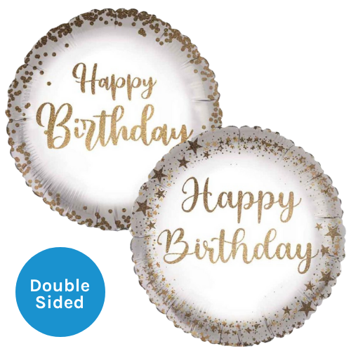 An 18 inch Happy Birthday Gold Spots & Stars Foil Balloon, manufactured by Sensations. An 18 inch Happy Birthday Gold Spots & Stars Foil Balloon, manufactured by Sensations.