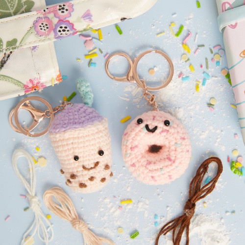 A Boba Tea & Doughnut Keyring Crochet Kit.