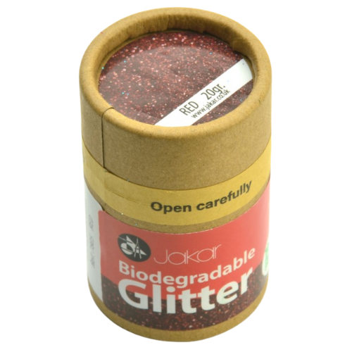 A 20g pot of Red Fine Biodegradable Glitter, manufactured by Jakar. A 20g pot of Red Fine Biodegradable Glitter, manufactured by Jakar.