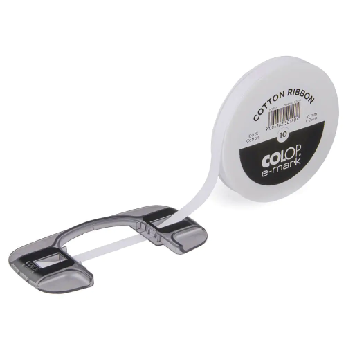 A reel of Colop E-Mark White Cotton Ribbon, measuring approx. 10mm x 25m.