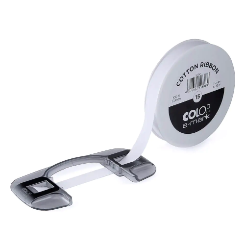 A reel of Colop E-Mark White Cotton Ribbon, measuring approx. 15mm x 25m.