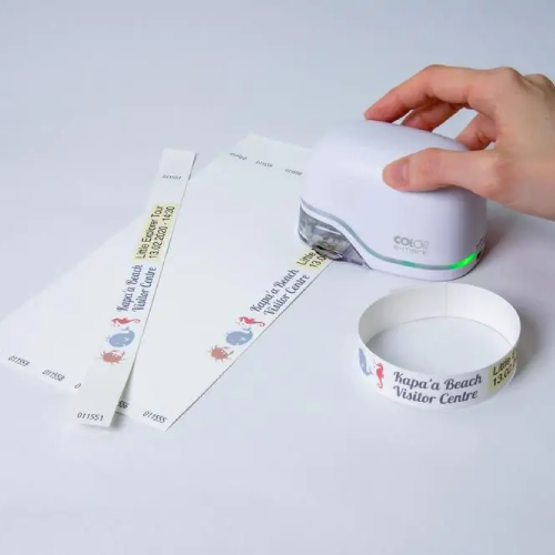 A set of 100 Colop E-Mark White Wristbands.