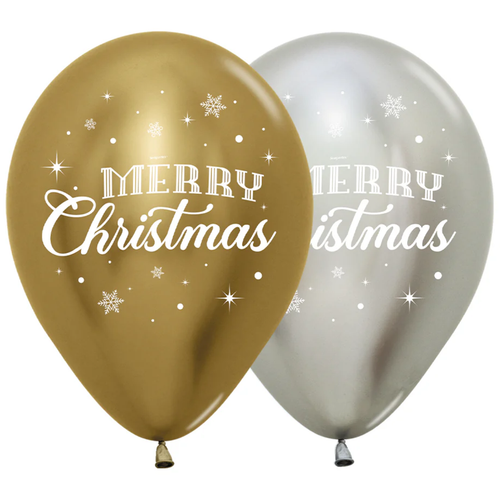 A pack of 25 12 inch Merry Christmas Reflex Assorted Latex Balloons, manufactured by Sempertex. A pack of 25 12 inch Merry Christmas Reflex Assorted Latex Balloons, manufactured by Sempertex.