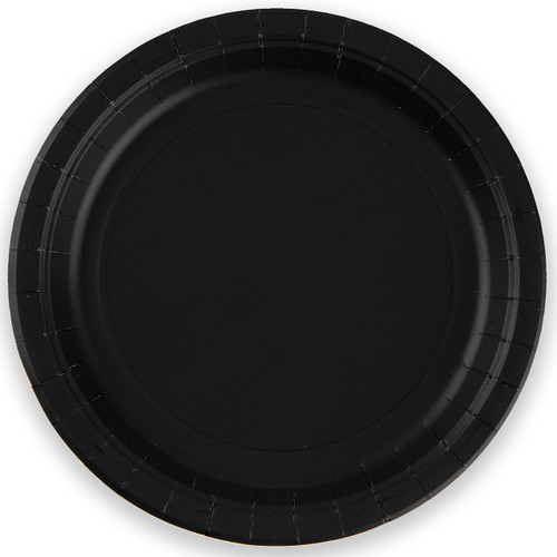A pack of 8 black paper plates, manufactured by Oaktree. A pack of 8 black paper plates, manufactured by Oaktree.