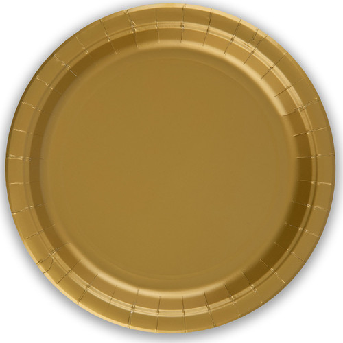 A pack of 8 gold paper plates, manufactured by Oaktree.