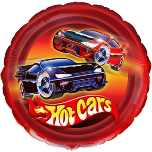 A 18 inch Red Hot Cars Round Foil Balloon, manufactured by Flexmetal. A 18 inch Red Hot Cars Round Foil Balloon, manufactured by Flexmetal.