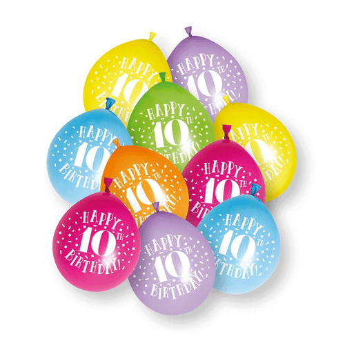 A pack of 10, 9 inch Happy 10th Birthday Neck Up Assorted Latex Balloons, manufactured by Unique. A pack of 10, 9 inch Happy 10th Birthday Neck Up Assorted Latex Balloons, manufactured by Unique.