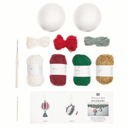 The contents of a Gold Christmas Bauble Crochet Kit, manufactured by Ricorumi.