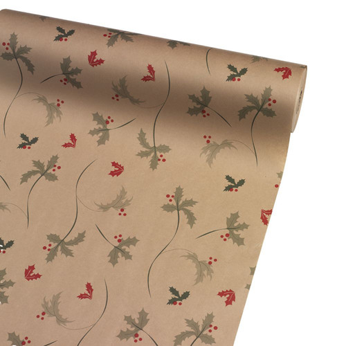 A Roll of Holly Sprig Kraft Paper Roll, measuring approx. 50cm x 100m. A Roll of Holly Sprig Kraft Paper Roll, measuring approx. 50cm x 100m.