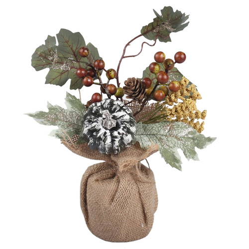 A 24cm Autumn Leaf, Berry & Monochrome Velvet Pumpkin Arrangement. A 24cm Autumn Leaf, Berry & Monochrome Velvet Pumpkin Arrangement.