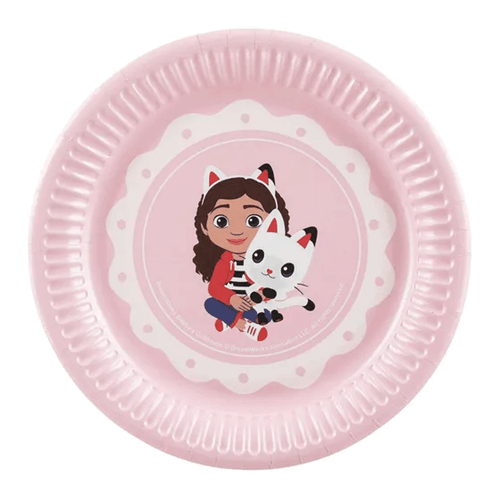 A Pack of 6 Gabby's Dollhouse Pink Paper Plates, manufactured by PartyDeco. A Pack of 6 Gabby's Dollhouse Pink Paper Plates, manufactured by PartyDeco.