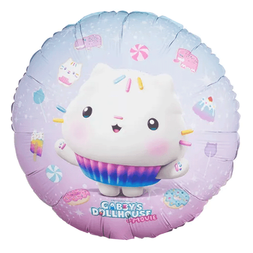 An 18 inch Gabby's Dollhouse Cakey Disc Foil Balloon, manufactured by PartyDeco. An 18 inch Gabby's Dollhouse Cakey Disc Foil Balloon, manufactured by PartyDeco.