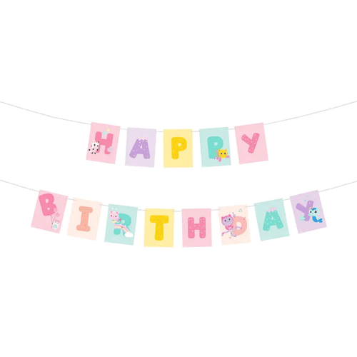 A 3m Gabby's Dollhouse Happy Birthday Banner, manufactured by PartyDeco. A 3m Gabby's Dollhouse Happy Birthday Banner, manufactured by PartyDeco.