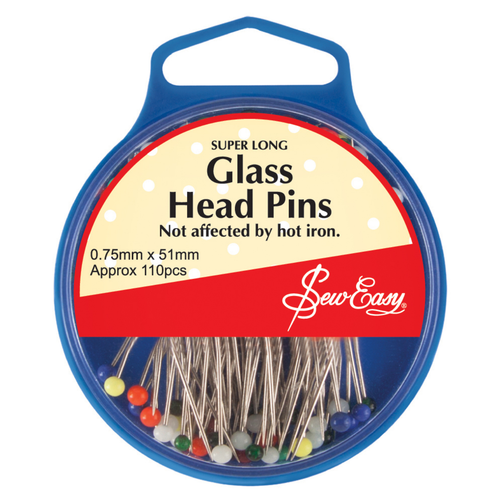A pack of 110 Glass Head Pins, manufactured by Sew Easy. A pack of 110 Glass Head Pins, manufactured by Sew Easy.