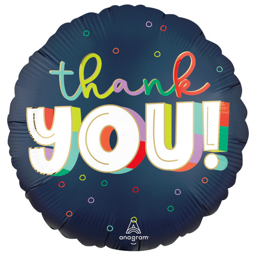 An 18 inch Satin Bold Thank You Round Foil Balloon, manufactured by Anagram Europe. An 18 inch Satin Bold Thank You Round Foil Balloon, manufactured by Anagram Europe.