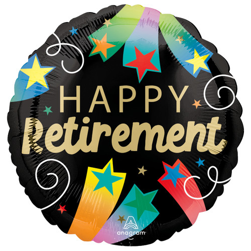 An 18 inch Happy Retirement Round Foil Balloon, manufactured by Anagram Europe.