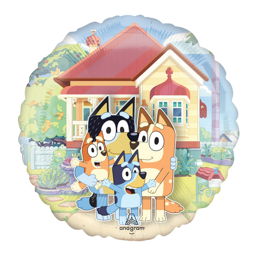 A 15 inch Bluey Panoramic Round Foil Balloon, manufactured by Anagram Europe.