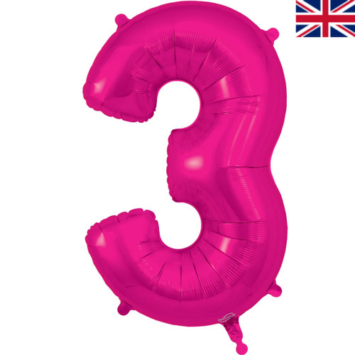 A 34 inch Bright Pink Number 3 Foil Balloon, manufactured by Oaktree. A 34 inch Bright Pink Number 3 Foil Balloon, manufactured by Oaktree.