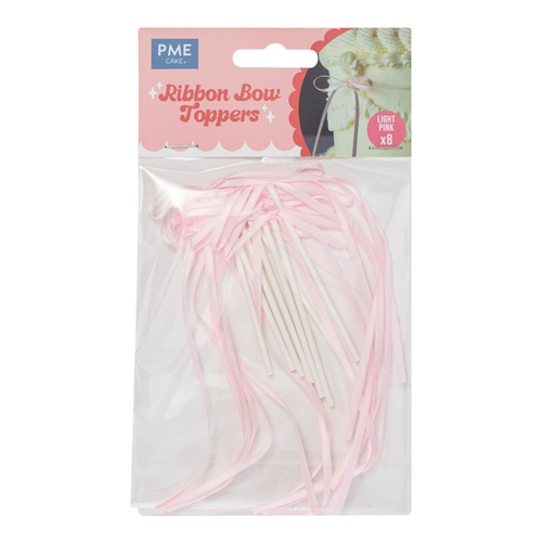 A set of 8 Light Pink Ribbon Bow Cake Toppers, manufactured by PME Cake.