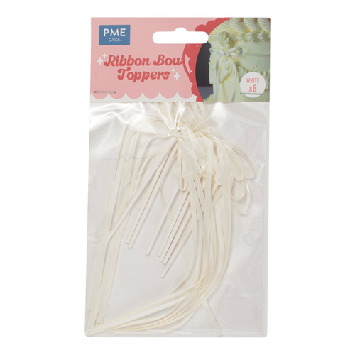 A set of 8 White Ribbon Bow Cake Toppers, manufactured by PME Cake.