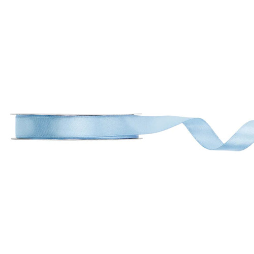 A spool of Light Misty Blue Satin Ribbon, measuring approx. 12mm x 25m. A spool of Light Misty Blue Satin Ribbon, measuring approx. 12mm x 25m.