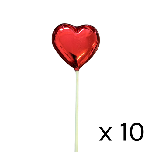 A pack of 10 shiny red heart picks.