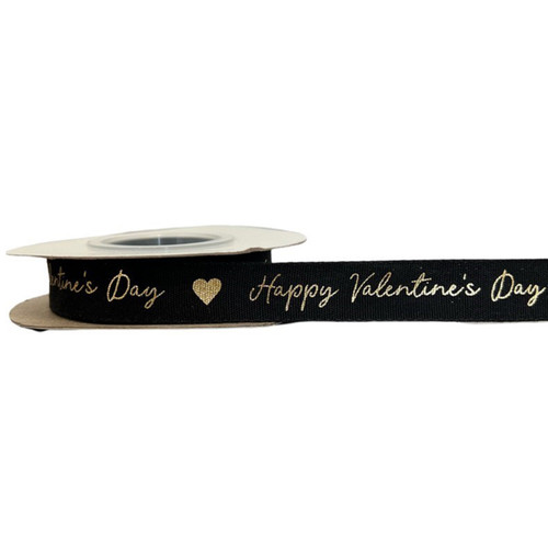 A 9m reel of black happy valentine's day ribbon.