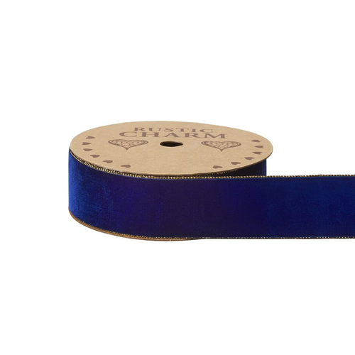 A spool of Dark Blue Gilded Edge Velvet Ribbon, measuring approx. 38mm x 10m. A spool of Dark Blue Gilded Edge Velvet Ribbon, measuring approx. 38mm x 10m.