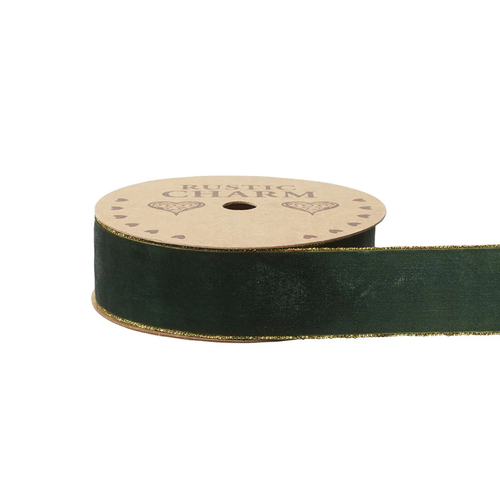 A spool of Dark Green Gilded Edge Velvet Ribbon, measuring approx. 38mm x 10m.